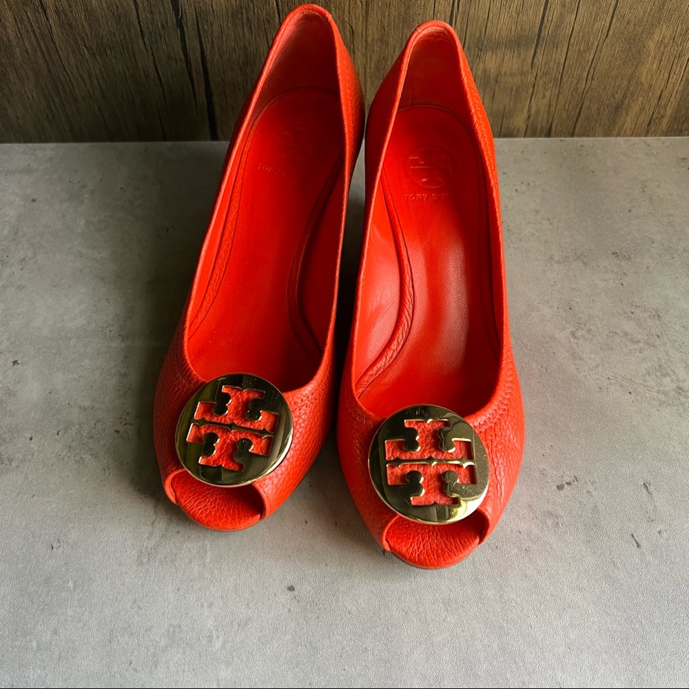 Tory Burch Miller Orange Peep Toe Wedges-size 7.5